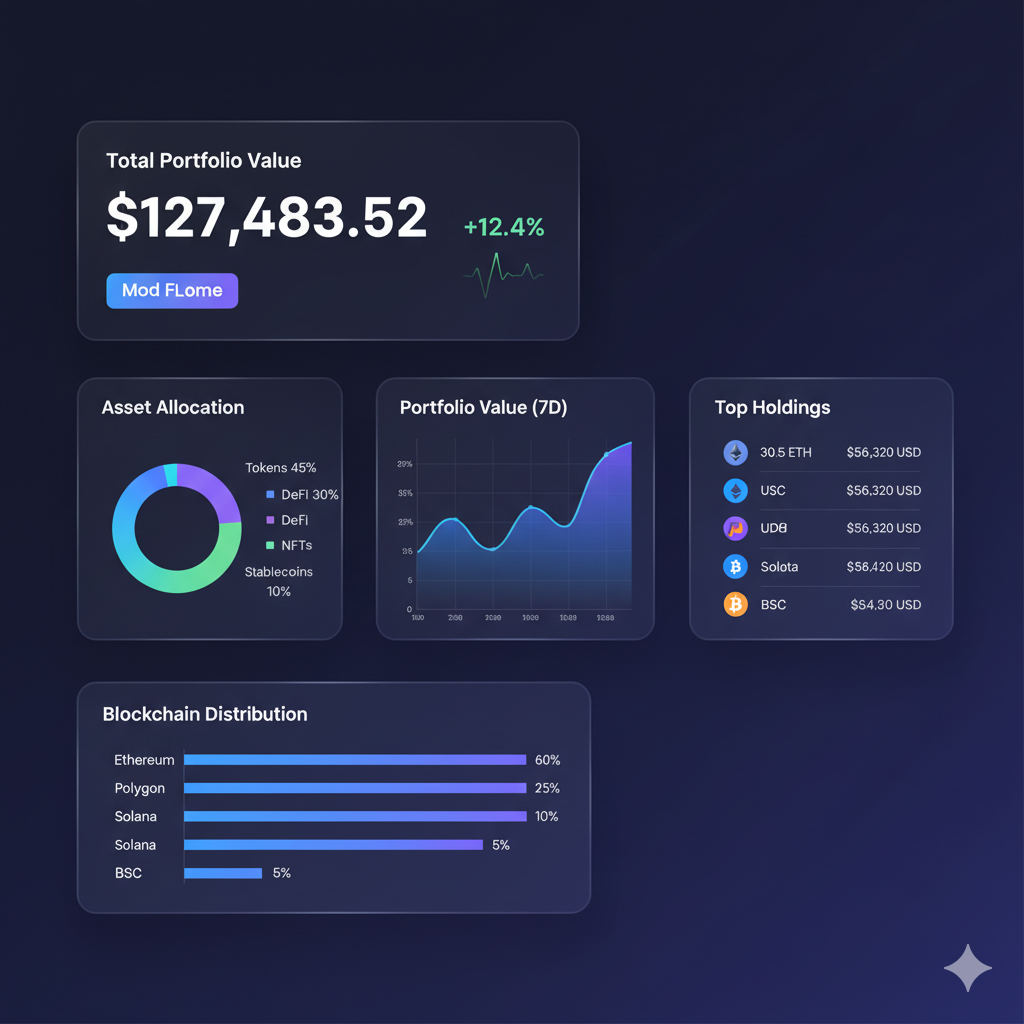 Comprehensive portfolio dashboard showing total value, asset allocation, and performance charts