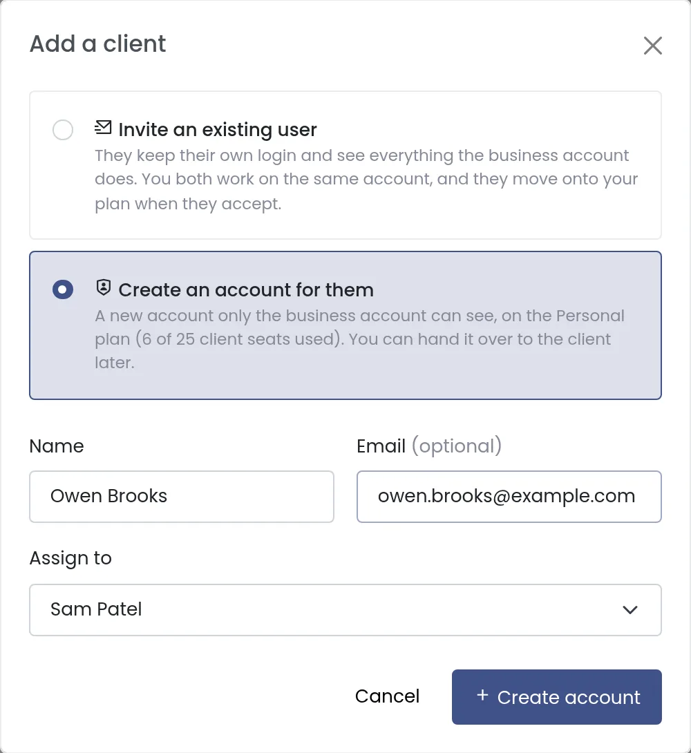 Add a client dialog with the option to create an account for the client, their name, an optional email, and who to assign them to