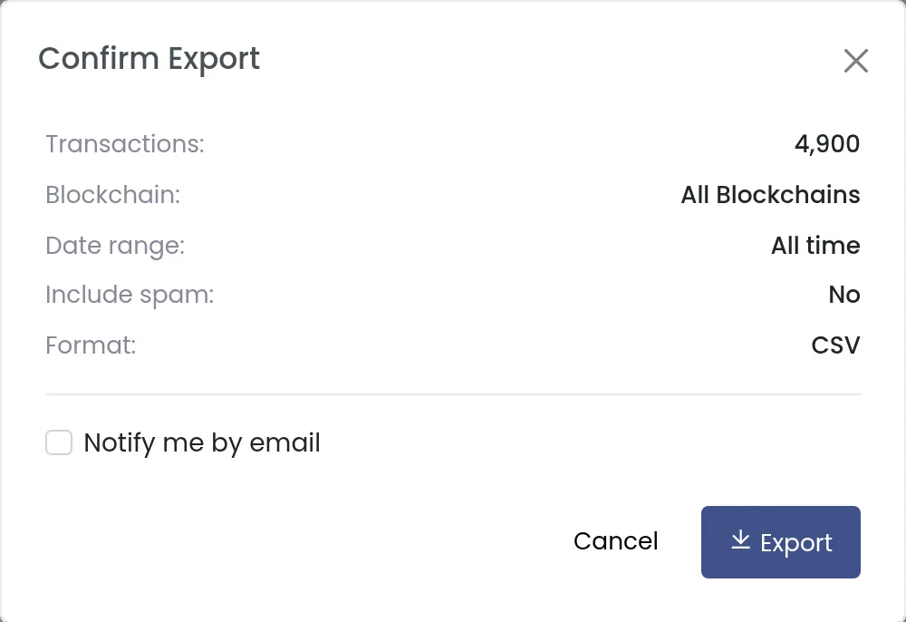 Confirm export dialog for a client: every transaction across all chains, all time, as a CSV